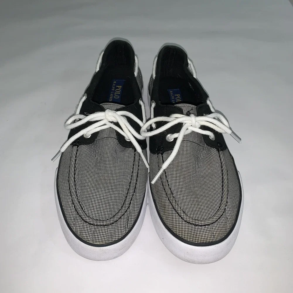 Polo Ralph Lauren Lander Boat Shoes Mens Size 12 Black Gingham Canvas Casual
